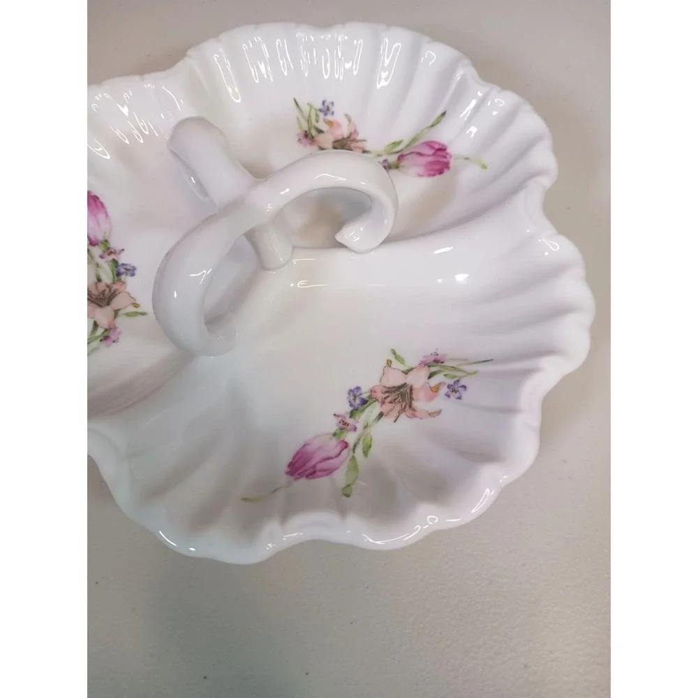 Vintage Floral Porcelain Candy Dish Handled Trinket Ring Vanity Dish Pink Rose